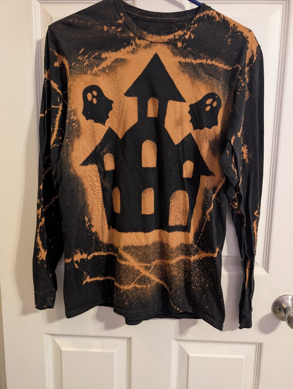 Halloween Bleach Dyed Long Sleeve T-shirt Spooky Ghost Haunted House Womens Med